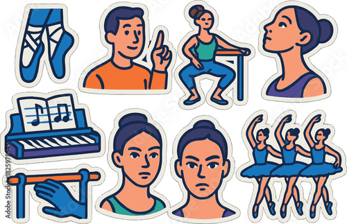 Playful ballet stickers: dance poses, instruments, and characters for creative designs