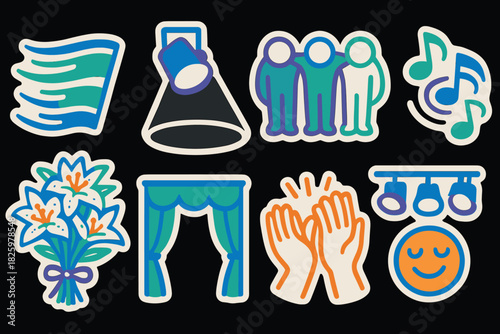 Colorful theater and entertainment icons with musical and celebration themes