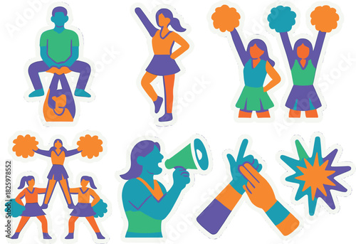 Vibrant cheerleading team in action stickers with colorful outlines
