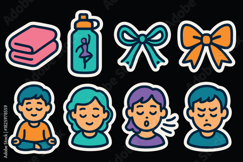 Colorful cartoon style icons of everyday objects and relaxed expressions on dark background