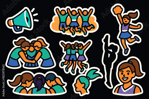 Cheerleading stickers with cheer team celebrations and dances in bold outline style