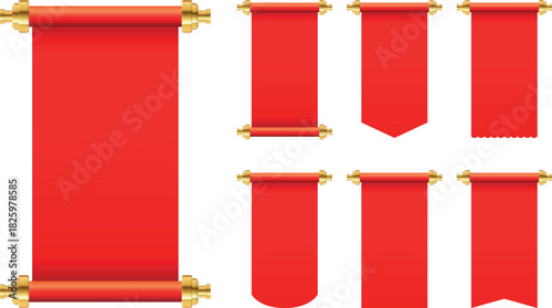 Set of red banner scroll with gold rods vector