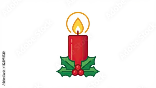 Festive Red Candle with Holly Decoration Vector Illustration