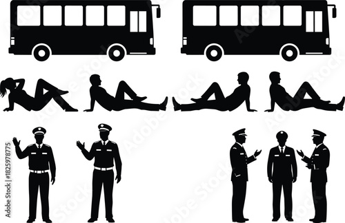 Silhouettes of buses, people relaxing on ground, and police officers standing and talking, transportation and security illustration set for design concepts