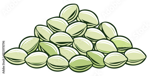 Heap of green pistachio nuts in cracked shells vector illustration