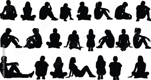 Silhouettes of people sitting in relaxed and thoughtful poses, diverse seated human figures for lifestyle, meditation, waiting, resting and design concepts