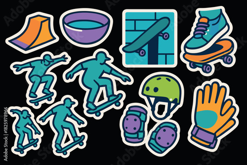 Vibrant skateboarding stickers with skate park elements and gear on dark background