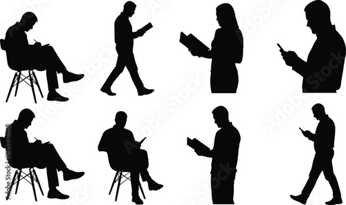 Silhouettes of people reading books and using smartphones while sitting and walking, modern lifestyle poses for education, communication and daily activity design