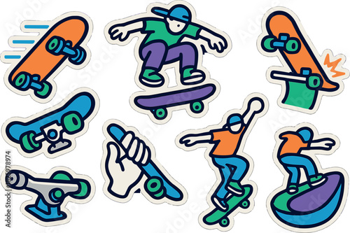 Vibrant skateboarding stickers collection featuring energetic urban designs and dynamic skater poses