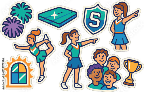 Cheerleading cartoon stickers with cheerleaders, pom poms, and trophies