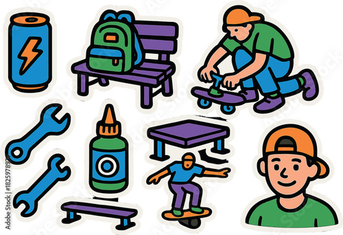 Colorful skateboarding icons: energy, tools, and adventure essentials