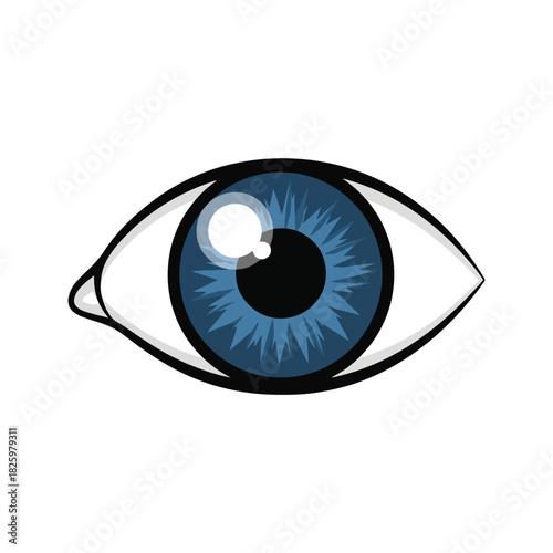 A stylized illustration of a human eye with a bright blue iris, looking forward.