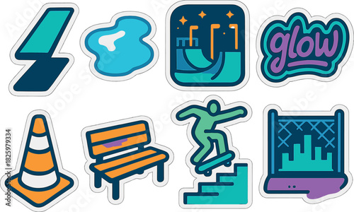 Urban street sticker set with skateboarding, graffiti, and city icons