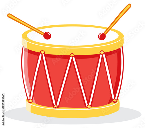 Classic red toy drum with yellow trim and drumsticks cartoon vector illustration