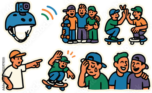 Colorful skateboarding moments with friends in fun cartoon stickers style