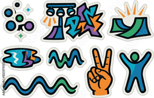 Colorful urban graffiti stickers collection with pop art style elements
