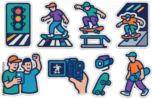 Playful skateboarding icons with friends and camera in retro style stickers