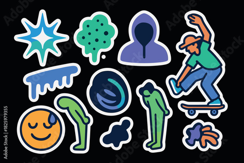 Vibrant urban sticker set with skateboarder and abstract elements on black background