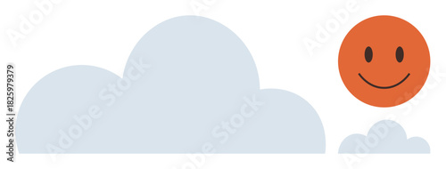 Smiling orange sun near large and small light blue clouds in a clear sky. Ideal for positivity, happiness, optimism, weather, hope, simplicity, fun. A simple flat metaphor