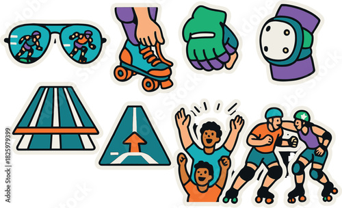 Vibrant roller skating icons featuring sports gear and activities