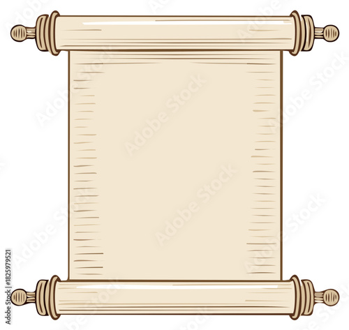 Antique scroll unfurled with blank parchment and decorative wooden rollers