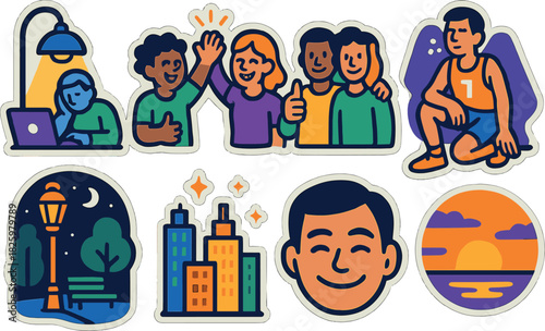 Vibrant stickers of urban life and activities with colorful characters