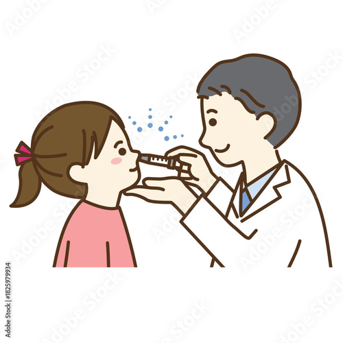点鼻ワクチンを接種する子供と男性医師