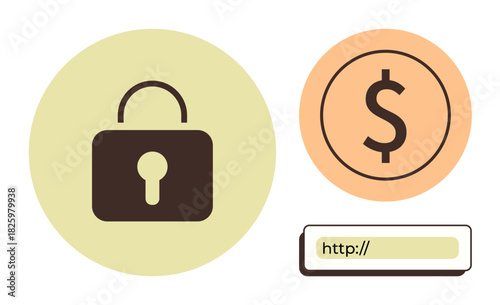 Locked padlock for security, dollar symbol for online payment, and URL bar for browsing safety. Ideal for security, data protection, finance, e-commerce, privacy, online safety simple flat metaphor