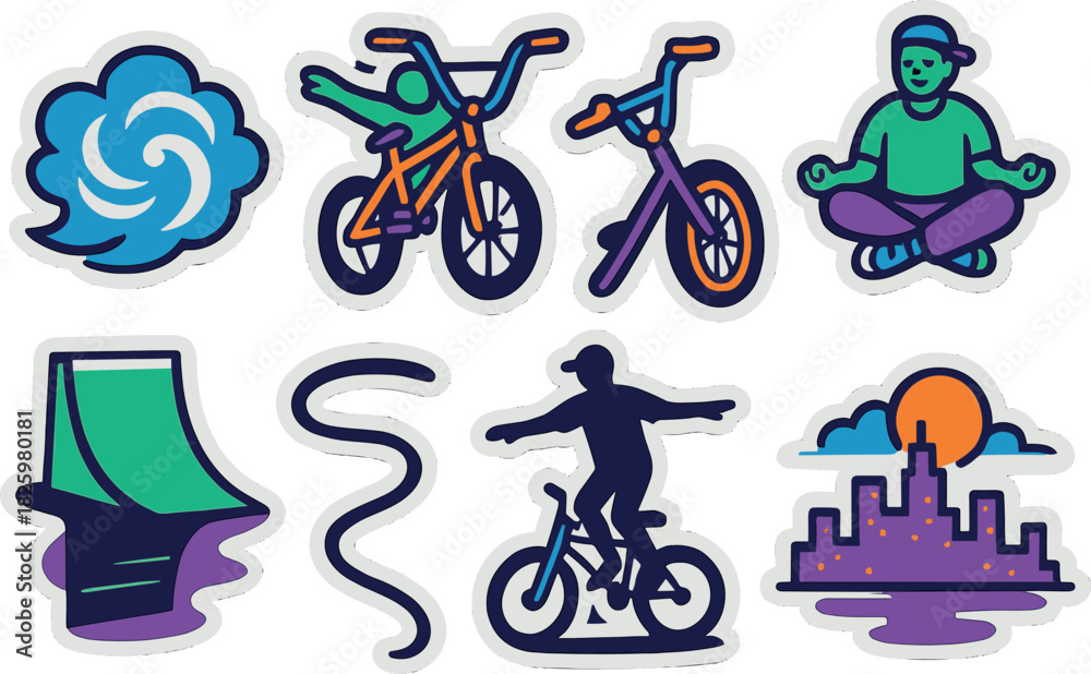 Fototapeta premium Colorful urban adventure stickers featuring bmx stunts and cityscape