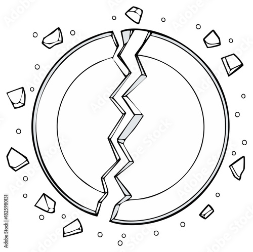 Cracked circle with fragments, hand-drawn illustration representing breakage, damage, or concept.