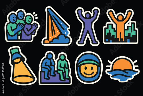 Colorful sticker set featuring people, landscapes, and cosmic elements in playful style