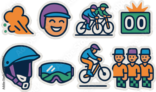Colorful cycling and racing icons with helmet and equipment in modern design