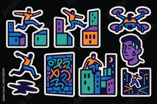Urban street art stickers featuring parkour and drone elements in vibrant colors