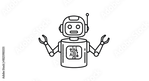 Line art illustration of a friendly robot with antenna and AI symbol