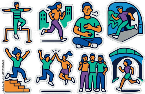 Colorful outdoor activities with active people in modern design stickers