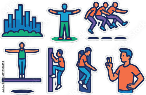 Dynamic fitness stickers set featuring urban training and team exercises