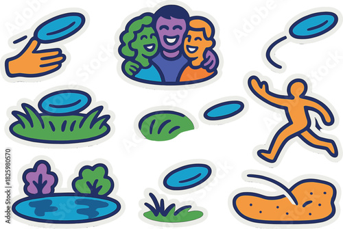 Fun outdoor activities with frisbee stickers in vibrant design