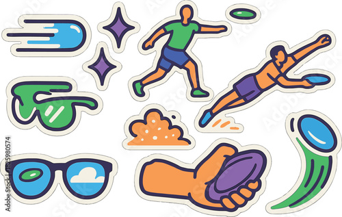 Colorful frisbee stickers featuring dynamic sports characters and accessories