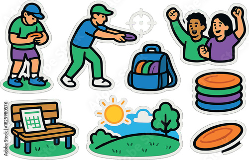 Colorful disc golf activity stickers with enthusiastic players and outdoor scenery