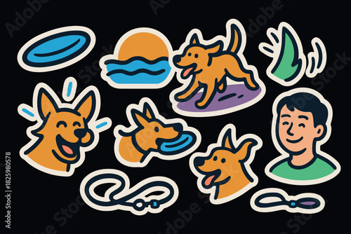 Colorful cartoon dog stickers with playful pet and owner illustrations