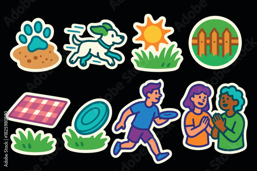 Colorful park stickers: playful picnic, frisbee fun, and happy pets outdoors