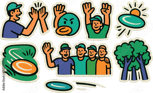 Vibrant outdoor activities with frisbee and nature elements stickers