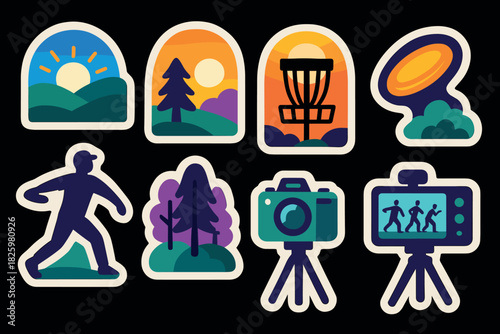 Vibrant disc golf and nature icon set with sunset and photography elements
