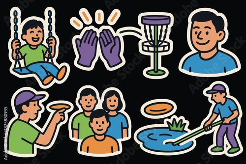 Colorful cartoon sticker set of people enjoying outdoor activities and hobbies