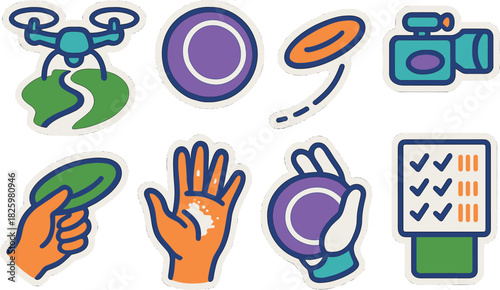 Colorful disc golf icons set featuring drones, cameras, and game elements