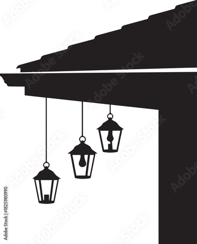 Silhouette of hanging lanterns under a pergola roof at dusk