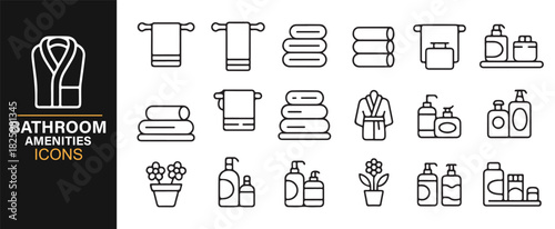Simple outline icons for bathroom items, spa products, and home care