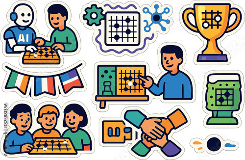 Colorful cartoon stickers of ai and humans playing strategy board games
