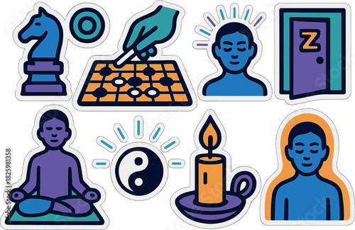 Zen and mindfulness sticker set featuring chess, meditation, and relaxation icons