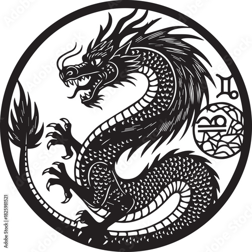 Traditional chinese dragon zodiac symbol with gemini constellation